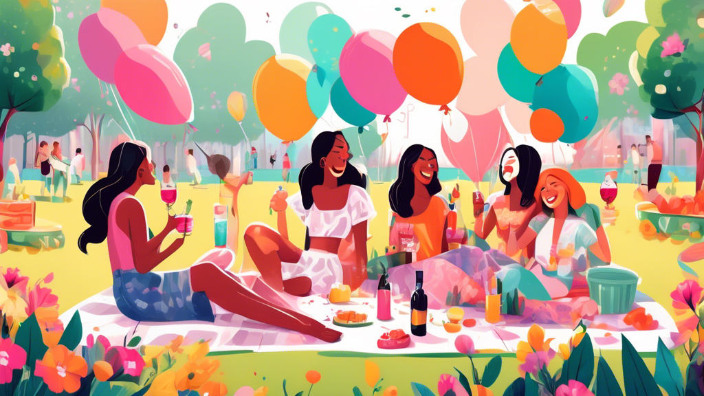 A colorful and vibrant illustration of a group of joyful friends having a picnic in a flower-filled park, with balloons, non-alcoholic cocktails, and DIY spa setup.