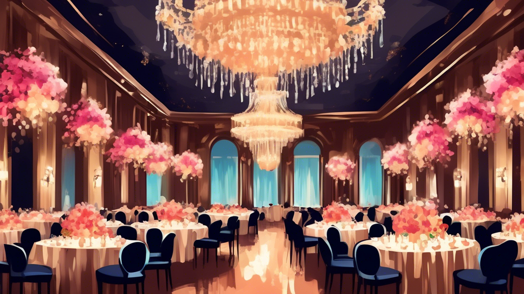 An opulent, grand ballroom filled with crystal chandeliers, elegant floral centerpieces, and beautifully set round tables under soft, warm lighting, capturing the essence of a glamorous wedding reception.