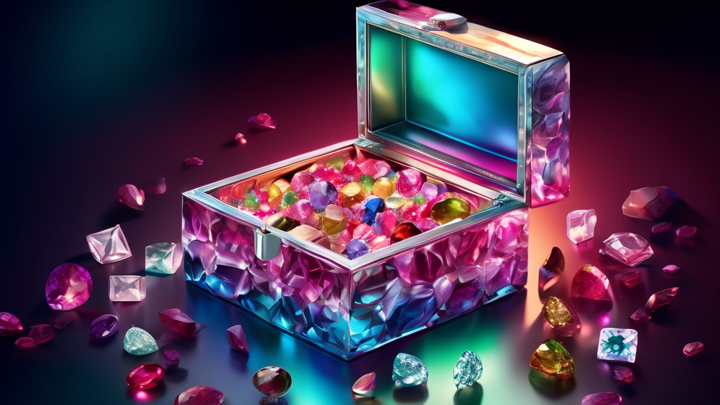 Create an image of an elegant icebox filled with sparkling gemstone jewelry under soft, gleaming light, with a focus on diamonds, rubies, and emeralds that shimmer in a cold, luxurious setting.