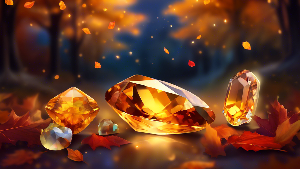 An elegant illustration showcasing the November birthstones, Topaz and Citrine, glowing softly amidst autumn leaves against a twilight background.