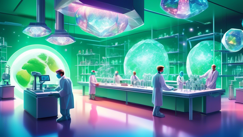 A futuristic laboratory with scientists carefully growing shimmering diamonds using state-of-the-art sustainable technology, all against a backdrop of a thriving green planet Earth.