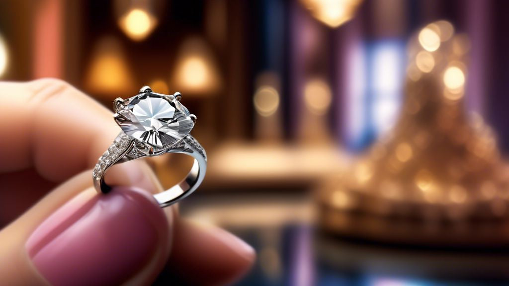 An elegant hand displaying a sparkling 2 carat diamond ring against a backdrop of a luxurious jewelry store, highlighting the clarity, cut, and brilliance of the gemstone.