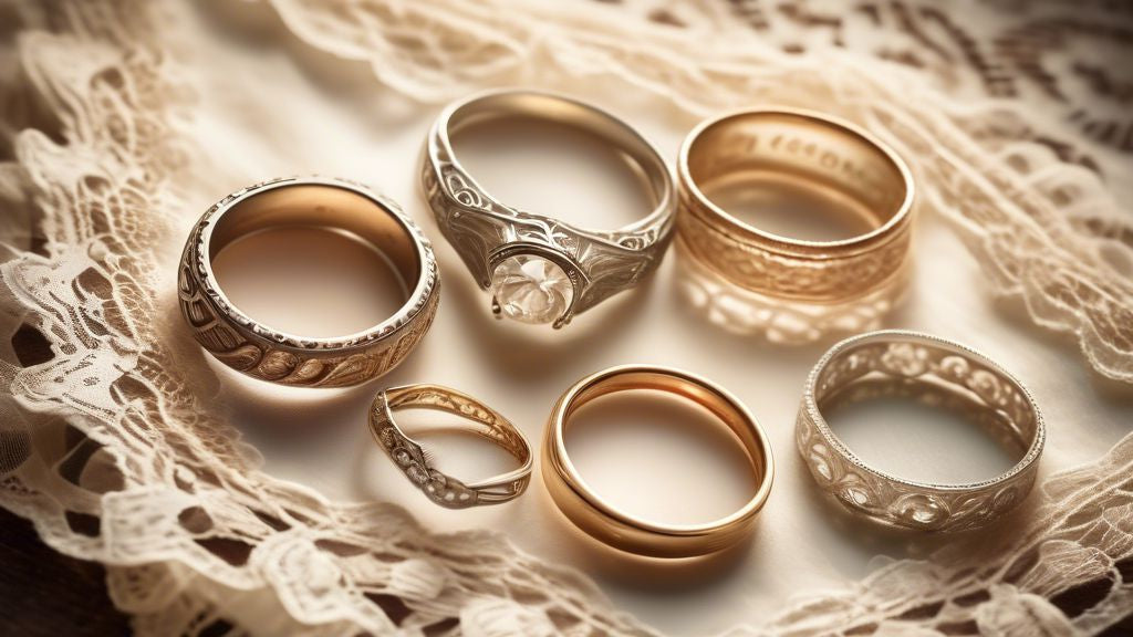 An elegant display of various vintage wedding rings from different eras, exquisitely laid out on a piece of antique lace, under soft, romantic lighting