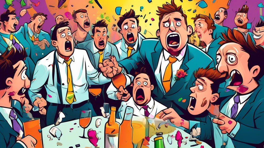 Cartoon illustration of a groom and his friends looking shocked and embarrassed in a chaotic bachelor party scene, with funny mishaps and accidents happening around them.