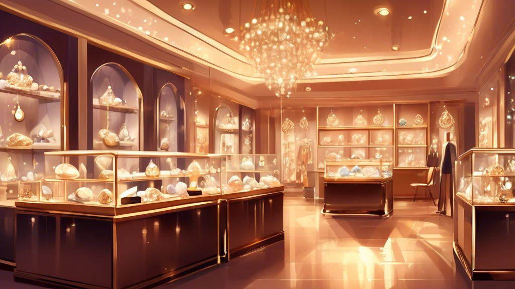 A sophisticated illustration of an elegant jewelry shop interior filled with sparkling gems and luxurious jewelry on display, under a warm, inviting light.