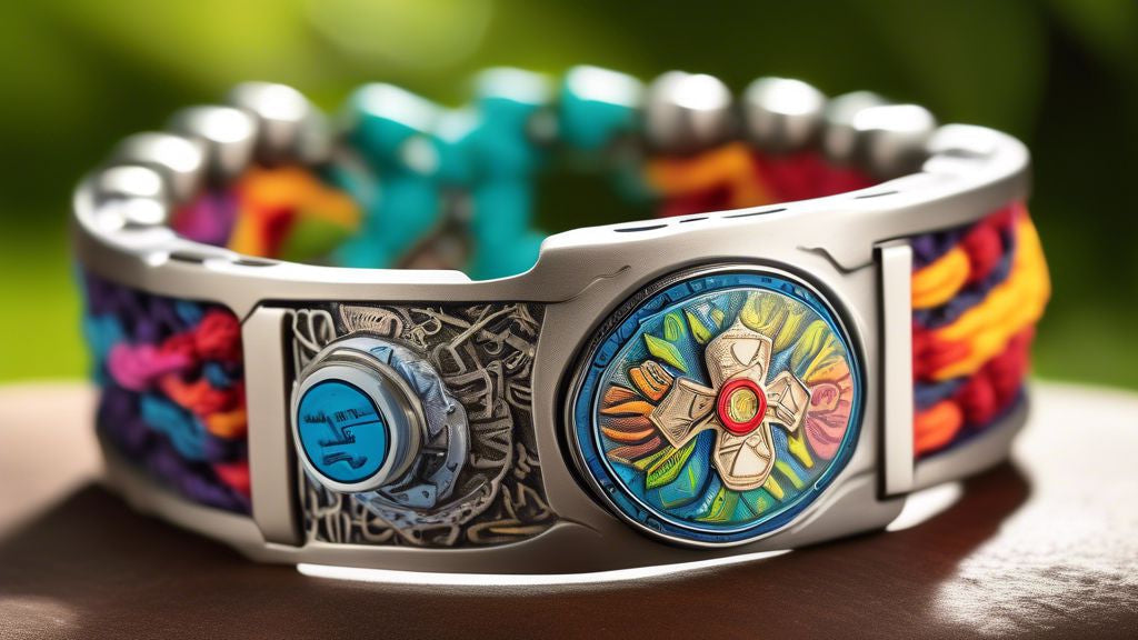 An intricately designed, life-saving medical alert bracelet on a person's wrist, with detailed engravings of critical medical information, in a serene outdoor setting, symbolizing peace of mind and safety.