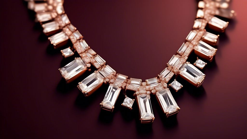A close-up, ultra-realistic illustration of a sparkling baguette diamond necklace laid out elegantly on a polished mahogany table, with a soft, luxurious velvet background.