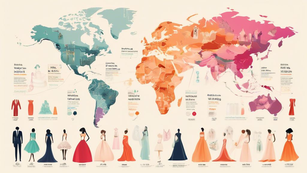 An elegant infographic displaying the average cost of a wedding dress in various countries around the world, set against a background of floating wedding dresses of different styles and cultures.