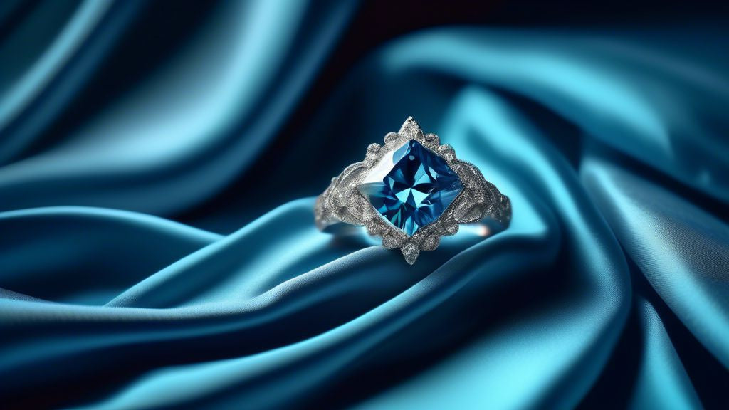 An elegant blue diamond ring placed on a luxurious silk fabric, illuminated by soft, romantic lighting in a dreamy, enchanting setting.